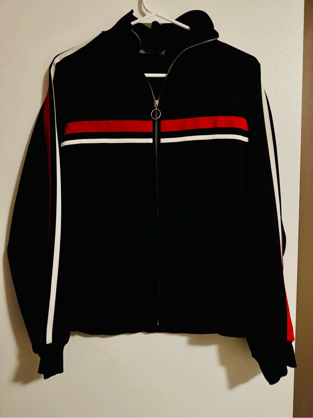 Zara Basic Black Track Jacket with Red & White Stripe